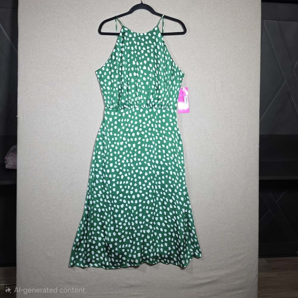 Betsy Johnson spaghetti strap green polka dot Midi Dress size 12 NWT modest